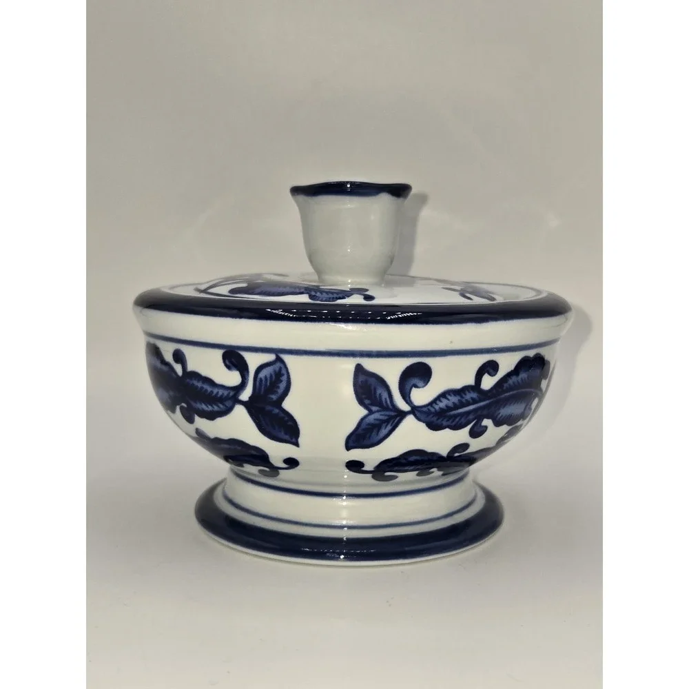 Bombay Company Vintage White & Blue Covered Sugar‎ Bowl
